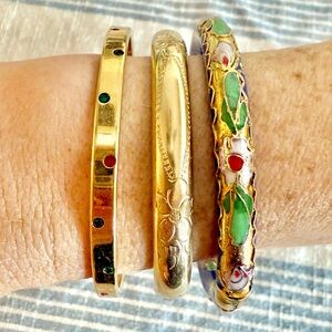 14k Gold Filled Marathon, Savvy Swarovski, And Cloisonné Set Of Three Bangles